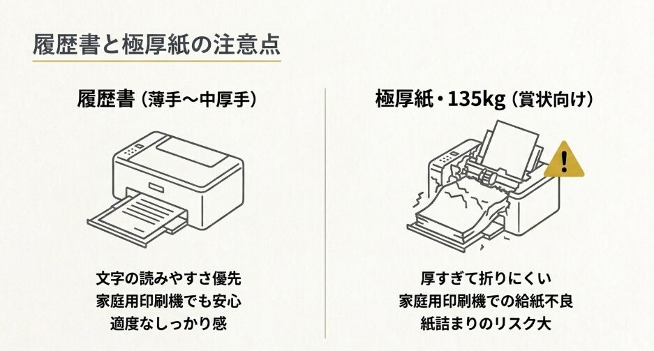 履歴書には薄手から中厚手の上質紙が使いやすく、135kgの極厚紙は給紙不良や紙詰まりに注意が必要なことを示した図