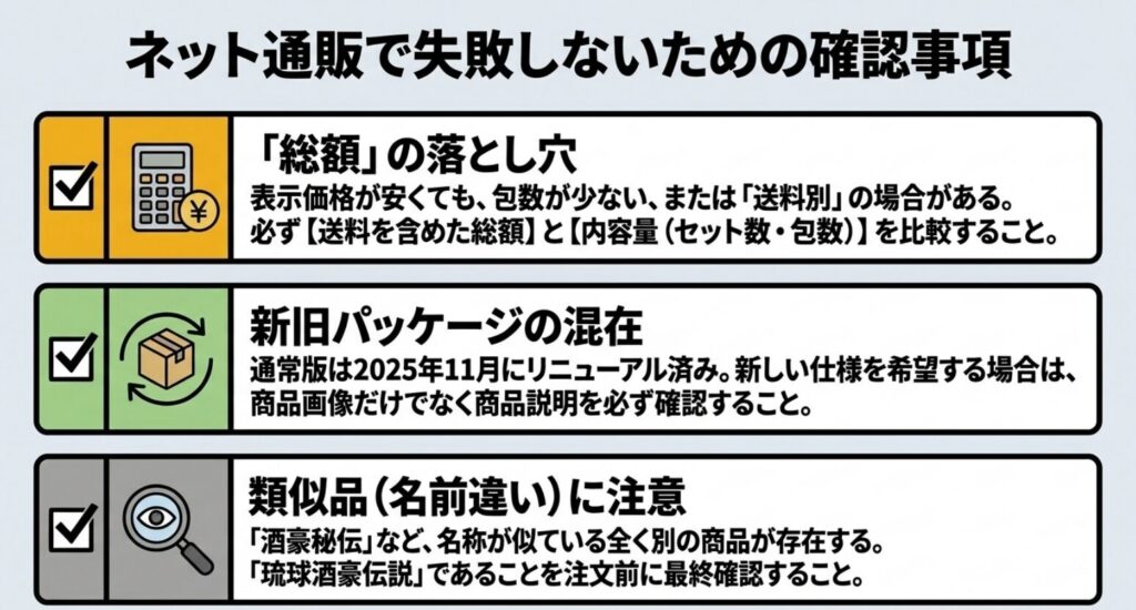 酒豪伝説をネット通販で買う際の総額・新旧パッケージ・類似商品の確認事項