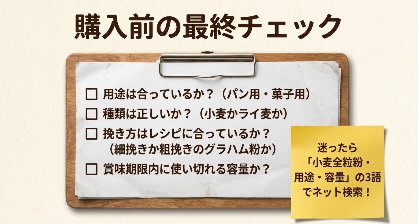 全粒粉を購入する前に用途、原料、挽き方、賞味期限内に使い切れる容量かを確認するチェックリスト