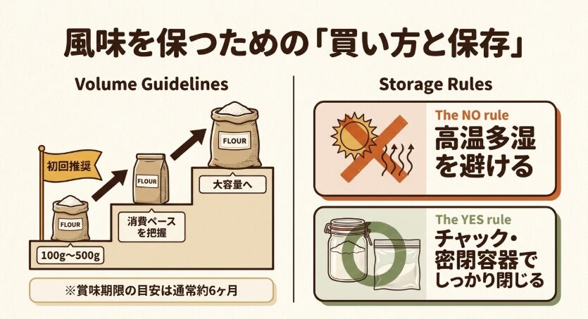 初回は100gから500gを選び、消費ペースに応じて容量を増やし、高温多湿を避けて密閉保存する方法