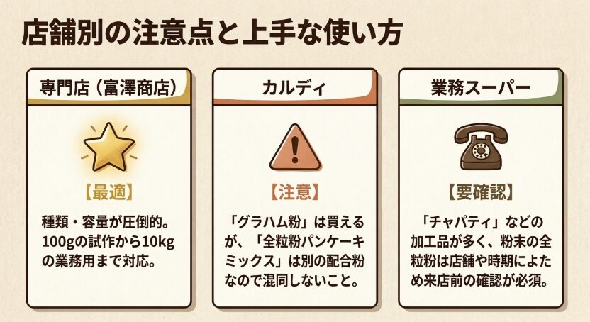 富澤商店は種類と容量が豊富、カルディはグラハム粉との違いに注意、業務スーパーは事前確認が必要と示した比較図