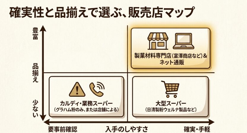 富澤商店やネット通販、大型スーパー、カルディ、業務スーパーを品ぞろえと入手しやすさで比較した販売店マップ