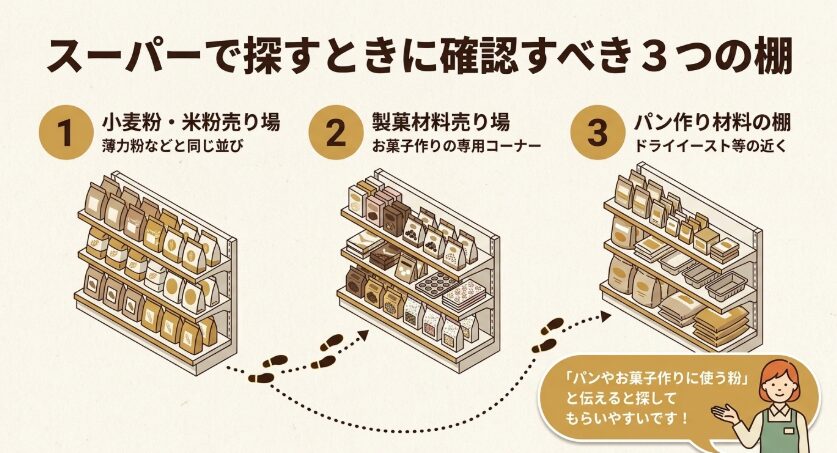 スーパーで全粒粉を探す際に確認したい小麦粉・米粉売り場、製菓材料売り場、パン作り材料の棚